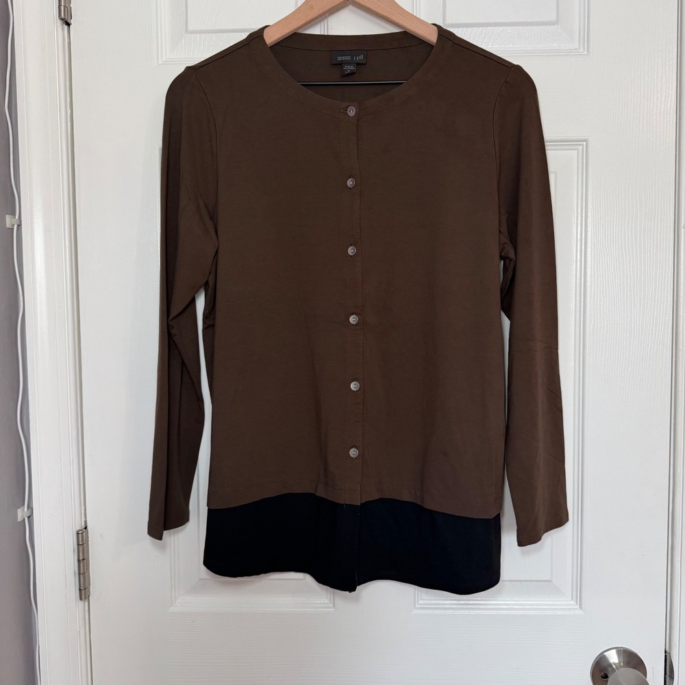 J. Jill Wearever chocolate Brown Black colorblock Cardigan Button Top M Petite
